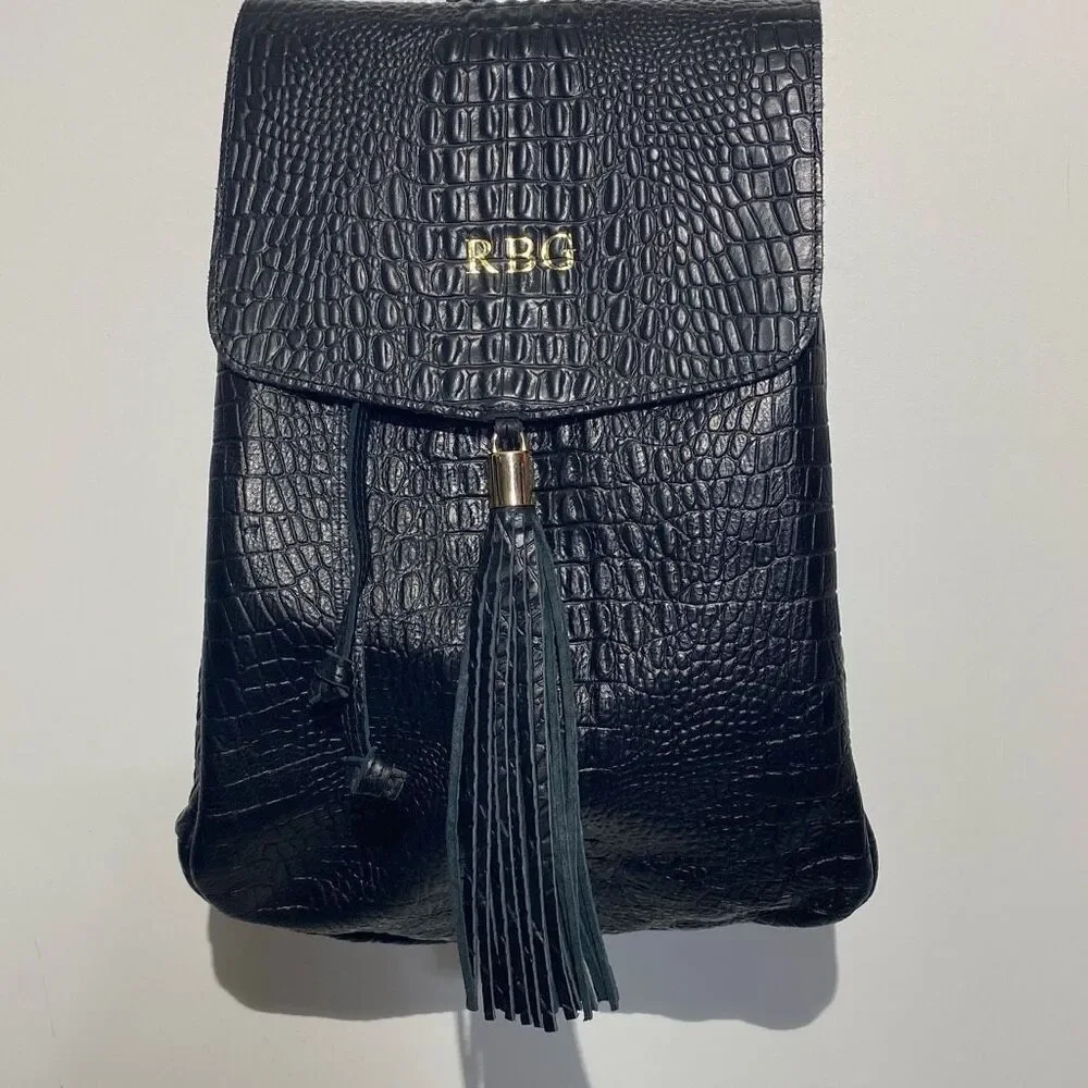 Black Croc Embossed Leather RBG Monogram Tassel Backpack‎ Gold Hardware